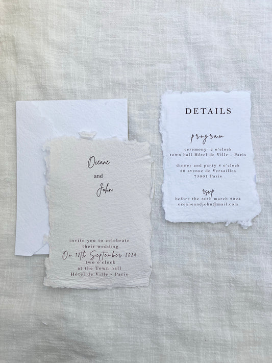 Invitation faire-part  mariage et enveloppe fait-main  - papier fait-main